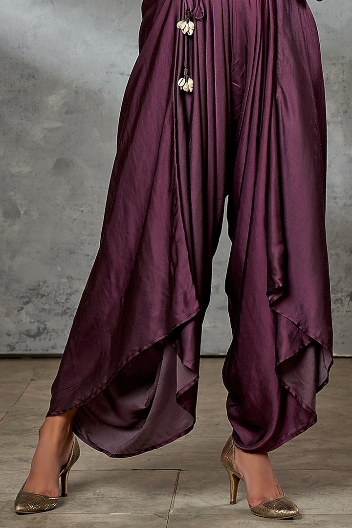 Wine Silk Suede Dhoti Jumpsuit With Jacket by Aditi Somani at Pernia's Pop Up Shop