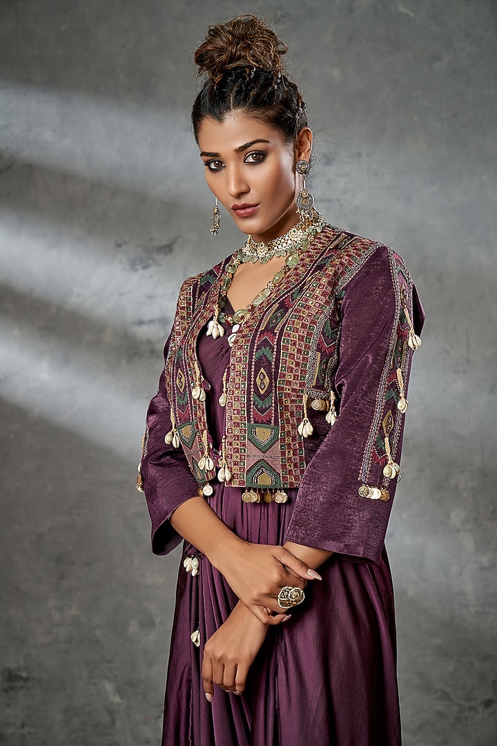 Wine Silk Suede Dhoti Jumpsuit With Jacket by Aditi Somani at Pernia's Pop Up Shop