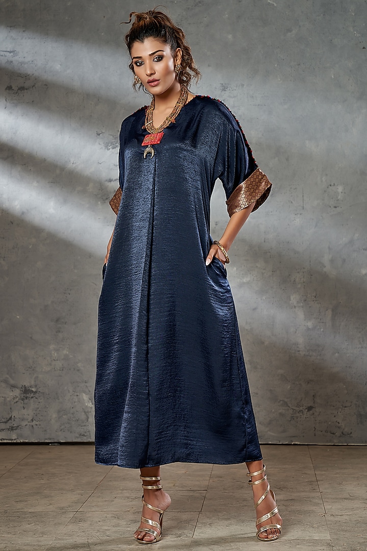Navy Blue Silk Kaftan Tunic by Aditi Somani