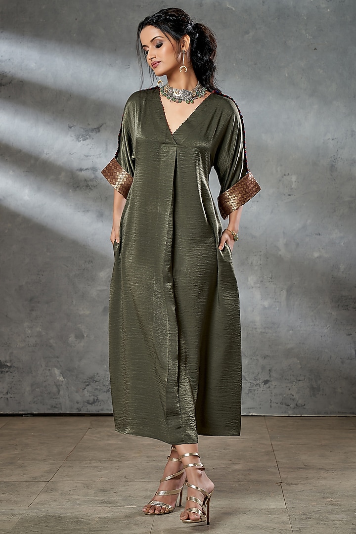 Olive Green Silk Kaftan Tunic by Aditi Somani