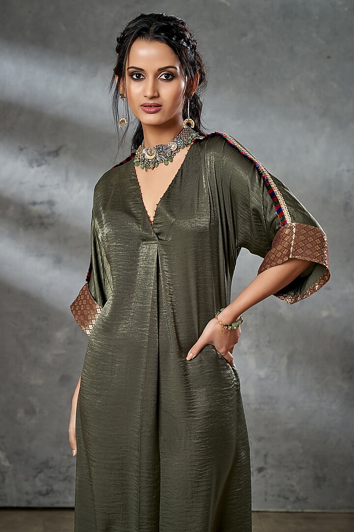 Olive Green Silk Kaftan Tunic by Aditi Somani at Pernia's Pop Up Shop