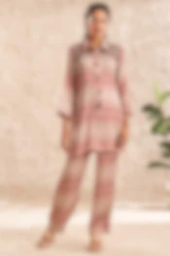 Pink Modal Satin Printed & Hand Embroidered Co-Ord Set by Aditi Somani at Pernia's Pop Up Shop