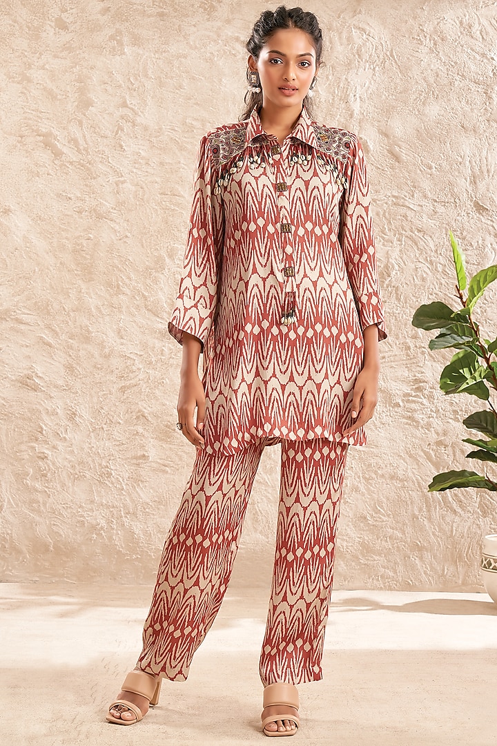 Pink Modal Satin Printed & Hand Embroidered CoOrd Set Design by Aditi