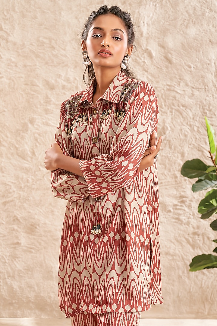 Pink Modal Satin Printed & Hand Embroidered Co-Ord Set by Aditi Somani at Pernia's Pop Up Shop