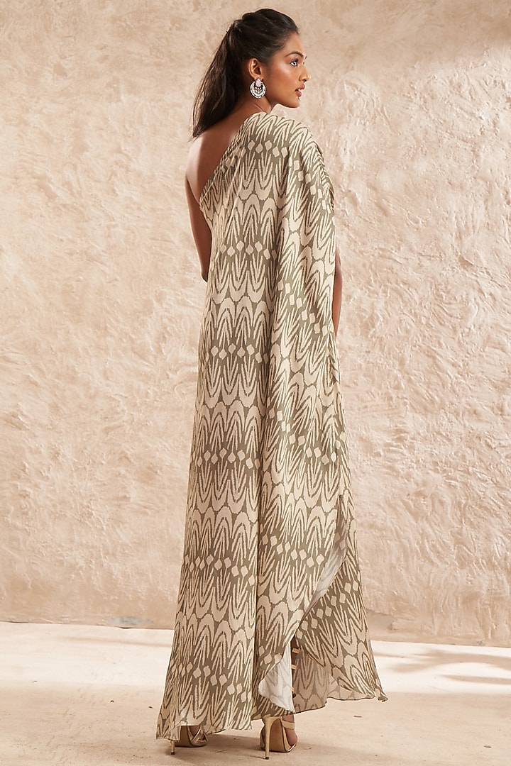 Green Modal Satin Printed & Hand Embroidered One-Shoulder Maxi Vacation Dress by Aditi Somani at Pernia's Pop Up Shop