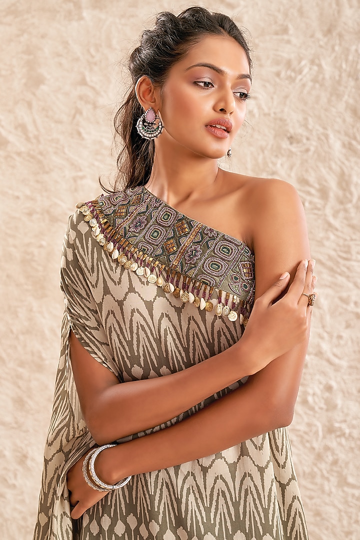 Green Modal Satin Printed & Hand Embroidered One-Shoulder Maxi Vacation Dress by Aditi Somani at Pernia's Pop Up Shop