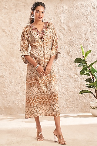 Brown Modal Satin Printed & Embellished Tunic Dress by Aditi Somani