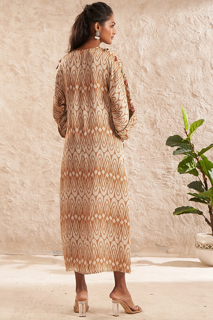 Brown Modal Satin Printed & Embellished Tunic Summer Dress by Aditi Somani at Pernia's Pop Up Shop