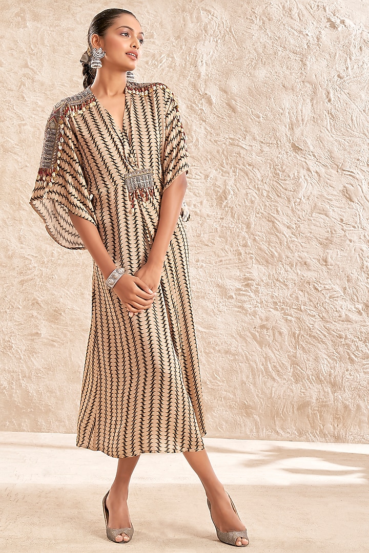 Beige Modal Satin Printed & Embroidered Overlay Dress by Aditi Somani