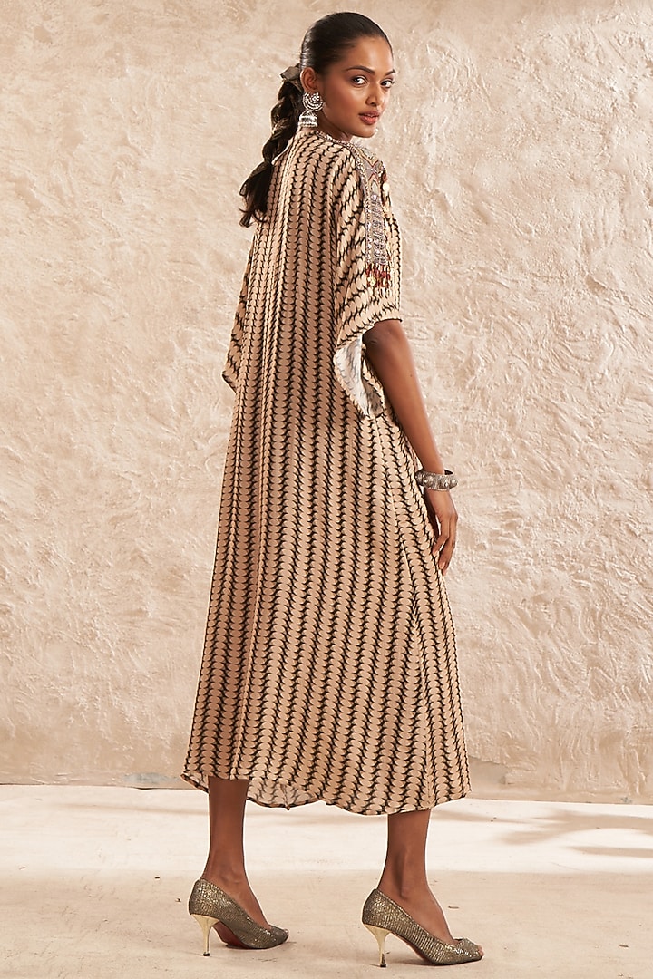 Beige Modal Satin Printed & Embroidered Overlay Vacation Dress by Aditi Somani at Pernia's Pop Up Shop