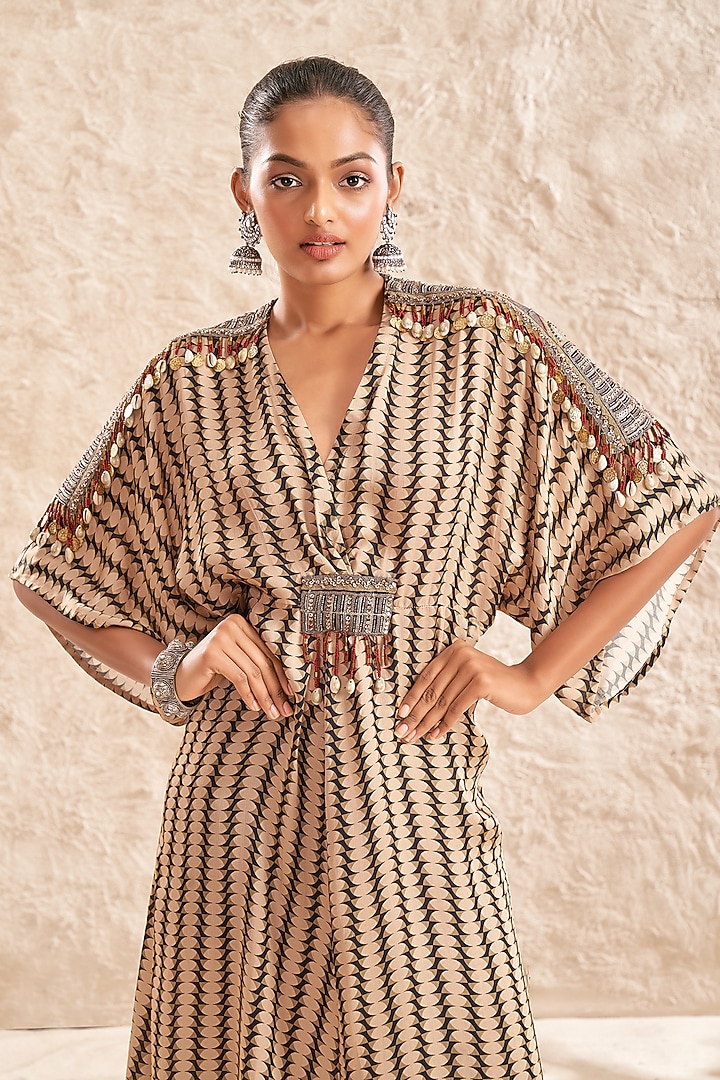 Beige Modal Satin Printed & Embroidered Overlay Vacation Dress by Aditi Somani at Pernia's Pop Up Shop