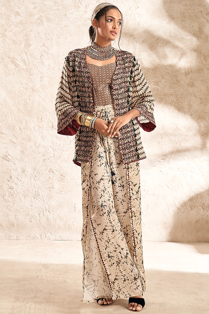 Multi-Colored Georgette & Satin Printed Kimono Jacket Set by Aditi Somani