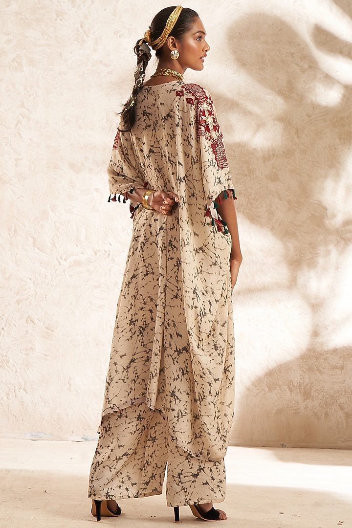 Beige Georgette Tie-Dyed Printed & Embroidered Kaftan by Aditi Somani at Pernia's Pop Up Shop