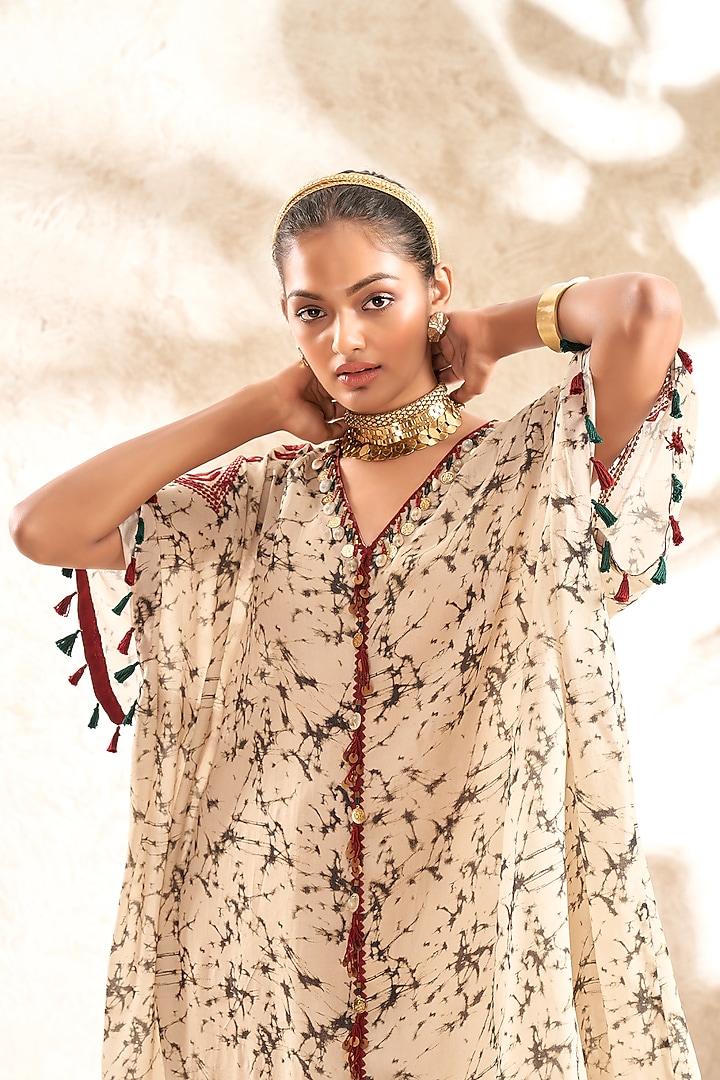 Beige Georgette Tie-Dyed Printed & Embroidered Kaftan by Aditi Somani at Pernia's Pop Up Shop