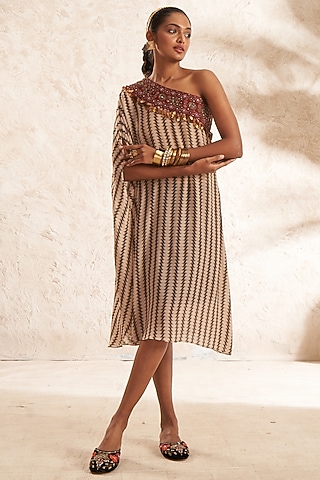 Beige Crepe Printed One-Shoulder Tunic by Aditi Somani