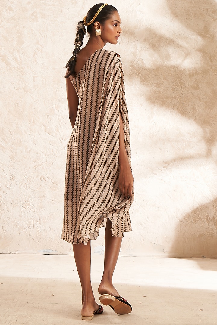 Beige Crepe Printed One-Shoulder Tunic by Aditi Somani at Pernia's Pop Up Shop