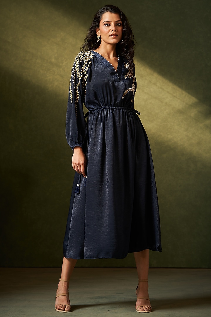 Navy Blue Suede Pearl Embellished Tunic Dress by Aditi Somani