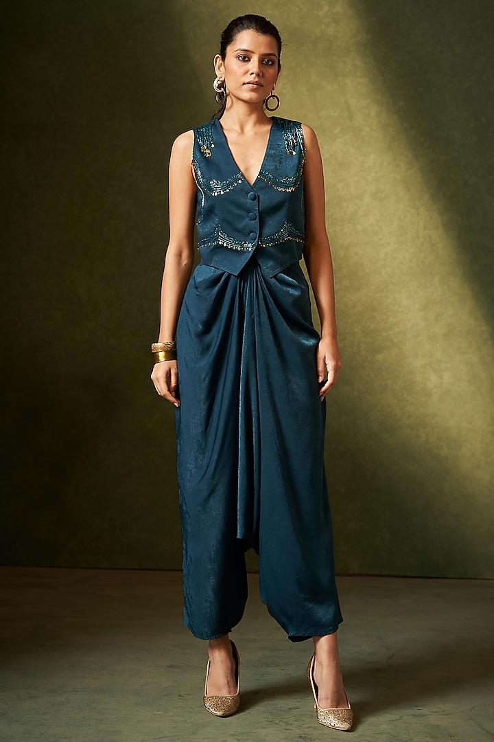 Teal Green Suede Embellished Co-Ord Set by Aditi Somani at Pernia's Pop Up Shop