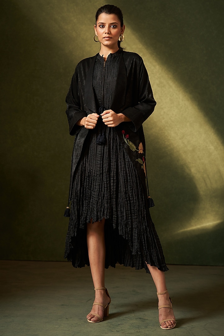 Black Suede Crushed Tunic With Overlay by Aditi Somani