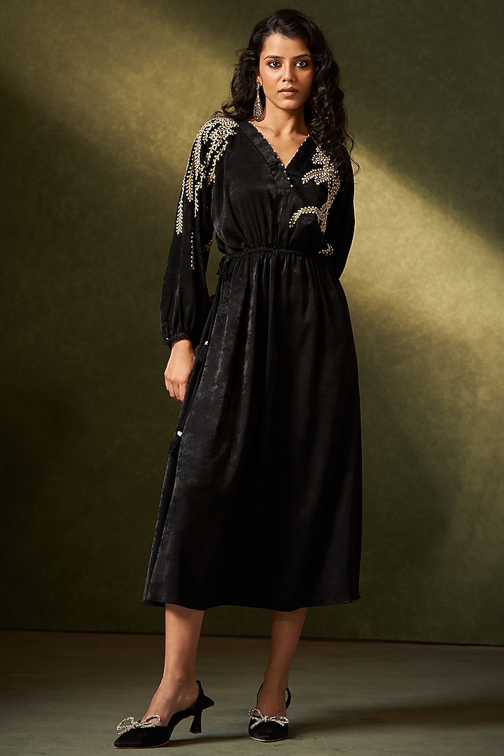 Black Suede Pearl Embellished Tunic Dress by Aditi Somani