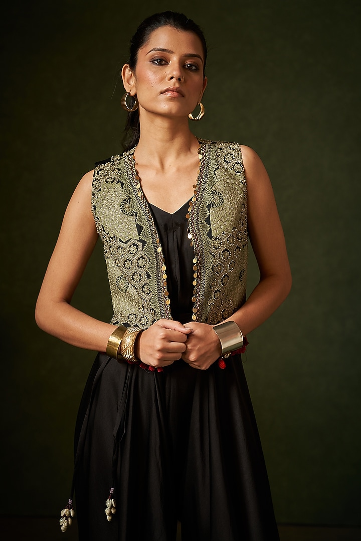Black Modal Satin Jumpsuit With Jacket by Aditi Somani at Pernia's Pop Up Shop