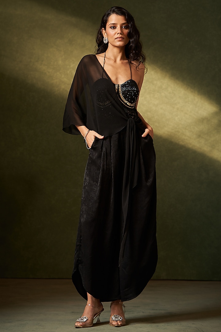Black Suede Embroidered Jumpsuit With Drape by Aditi Somani