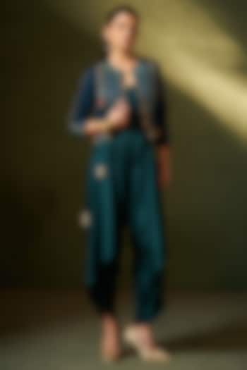 Teal Green Modal Satin Jumpsuit With Jacket by Aditi Somani