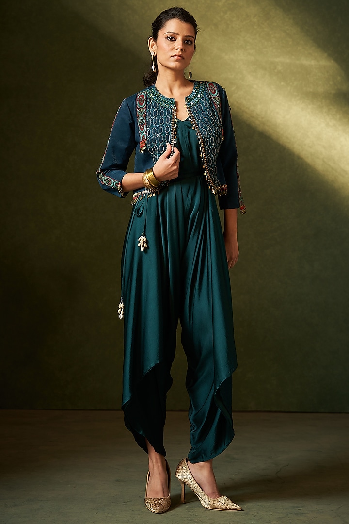 Teal Green Modal Satin Jumpsuit With Jacket by Aditi Somani