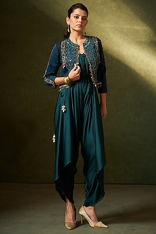 Teal Green Modal Satin Jumpsuit With Jacket by Aditi Somani