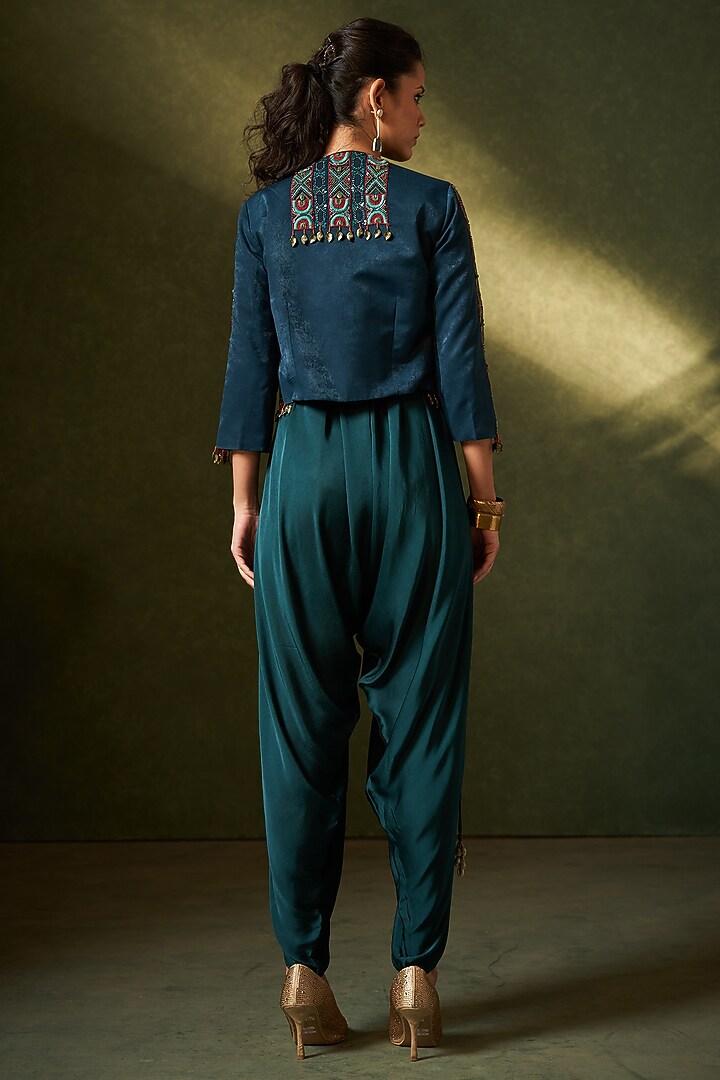 Teal Green Modal Satin Jumpsuit With Jacket by Aditi Somani at Pernia's Pop Up Shop