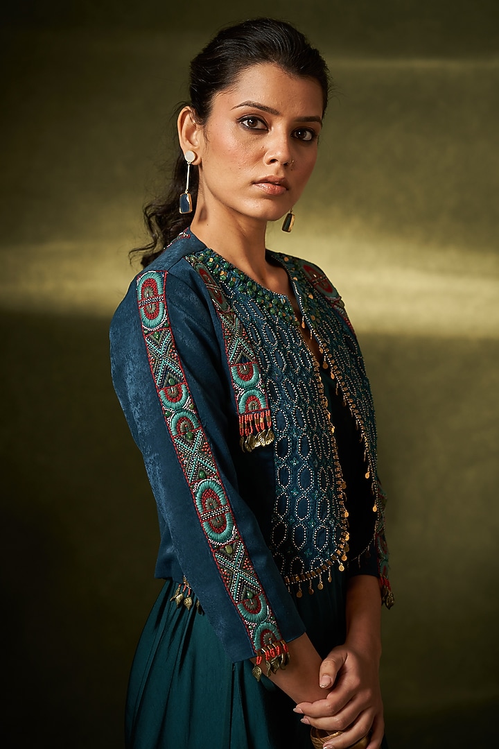 Teal Green Modal Satin Jumpsuit With Jacket by Aditi Somani at Pernia's Pop Up Shop