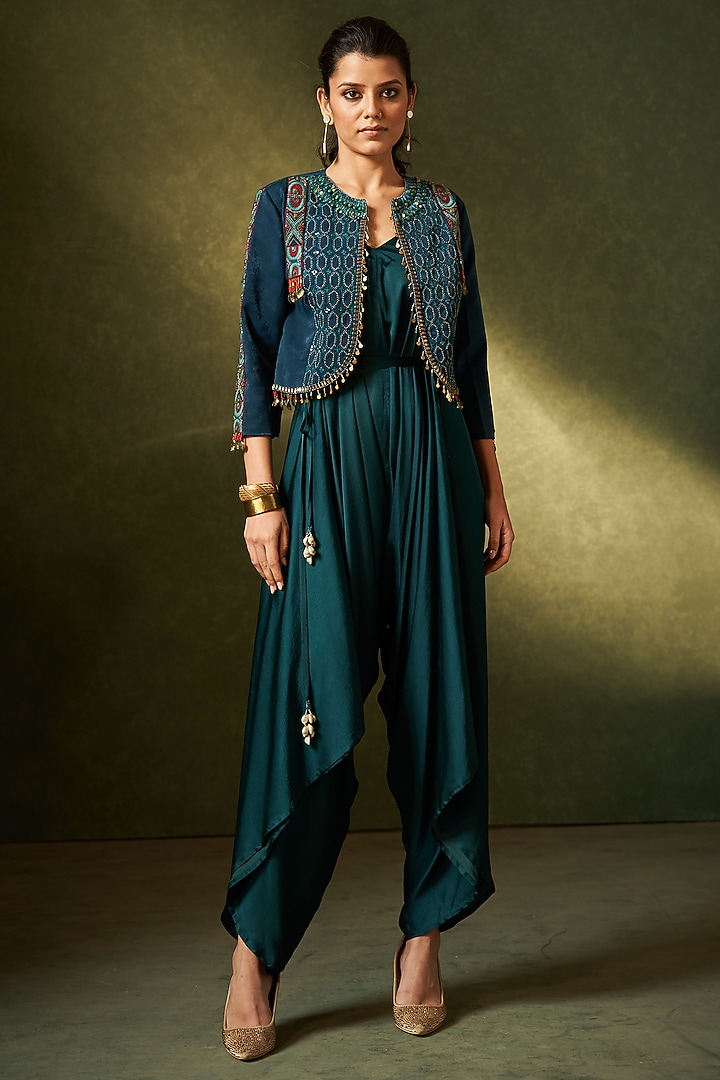 Teal Green Modal Satin Jumpsuit With Jacket by Aditi Somani at Pernia's Pop Up Shop