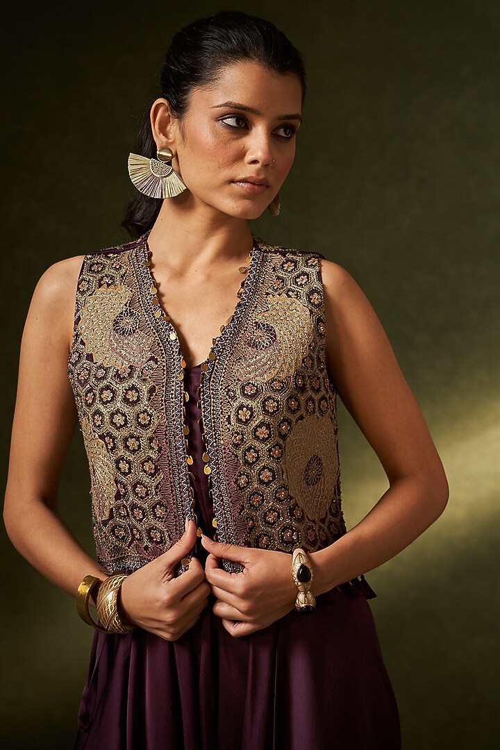 Wine Modal Satin Jumpsuit With Jacket by Aditi Somani at Pernia's Pop Up Shop