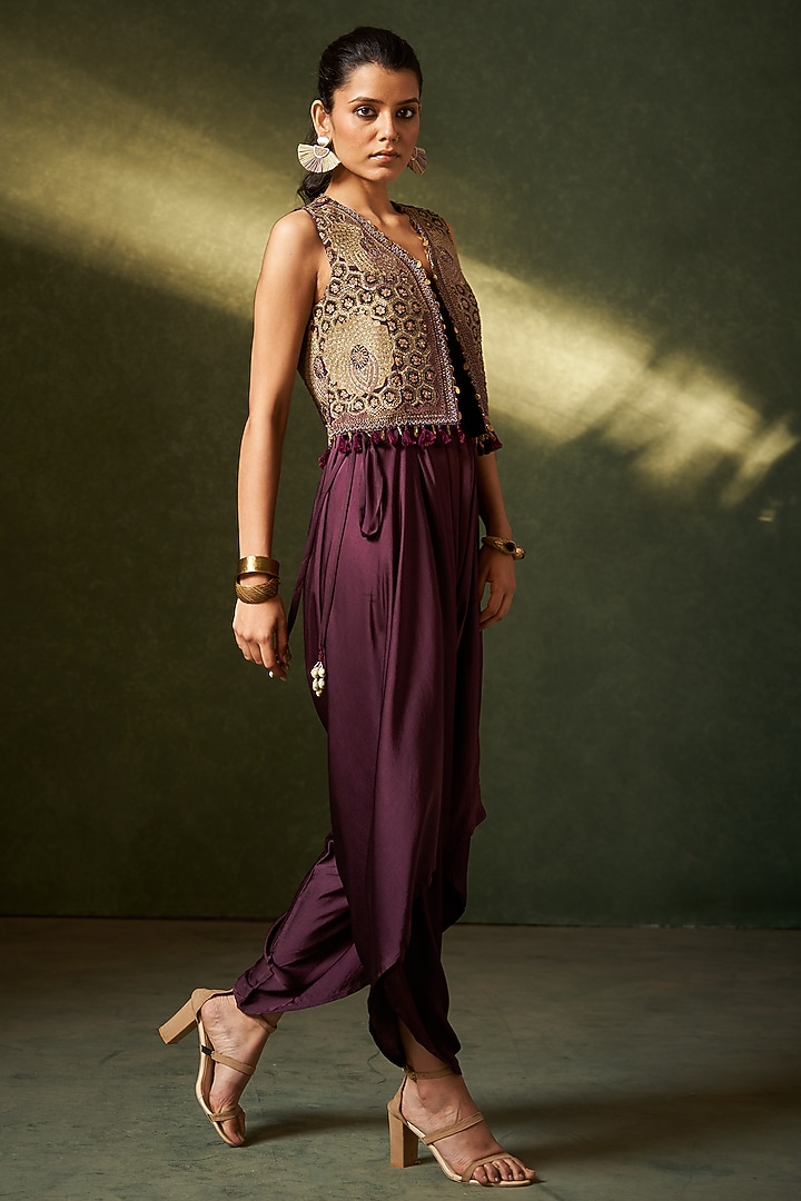 Wine Modal Satin Jumpsuit With Jacket by Aditi Somani at Pernia's Pop Up Shop