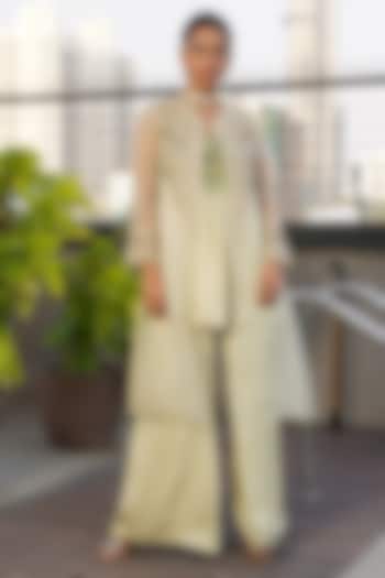 Pastel Green Organza Embroidered Cape Set by Aditi Somani at Pernia's Pop Up Shop