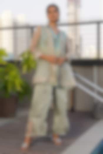 Sea Blue & Dull Green Organza Embroidered Cape Set by Aditi Somani at Pernia's Pop Up Shop