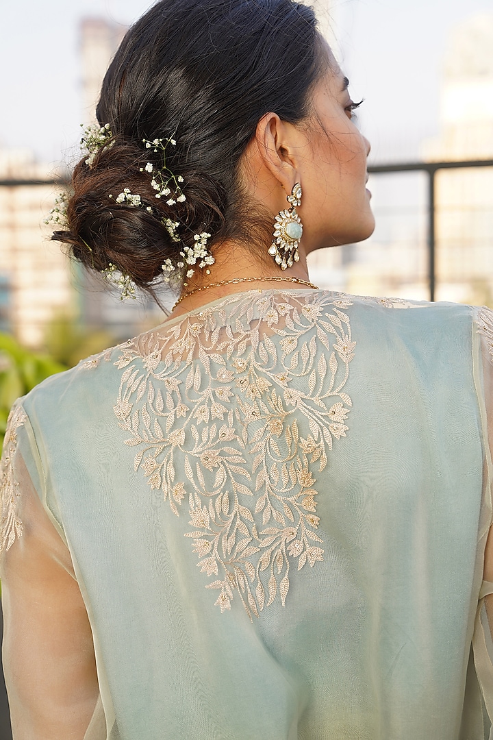 Sea Blue & Dull Green Organza Embroidered Cape Set by Aditi Somani at Pernia's Pop Up Shop