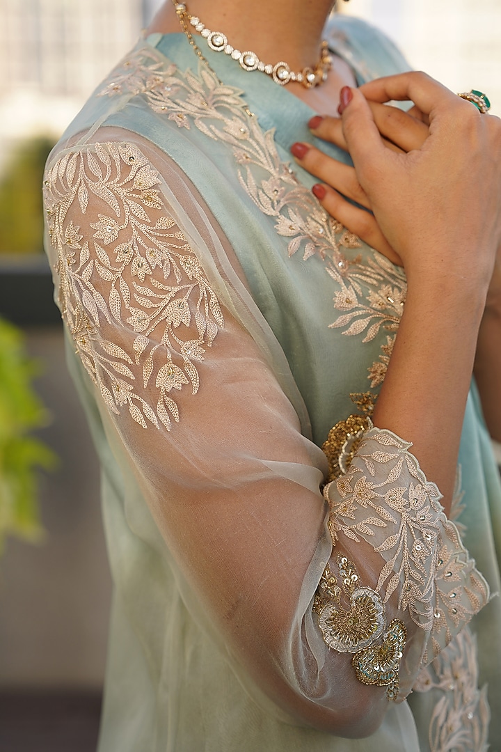 Sea Blue & Dull Green Organza Embroidered Cape Set by Aditi Somani at Pernia's Pop Up Shop