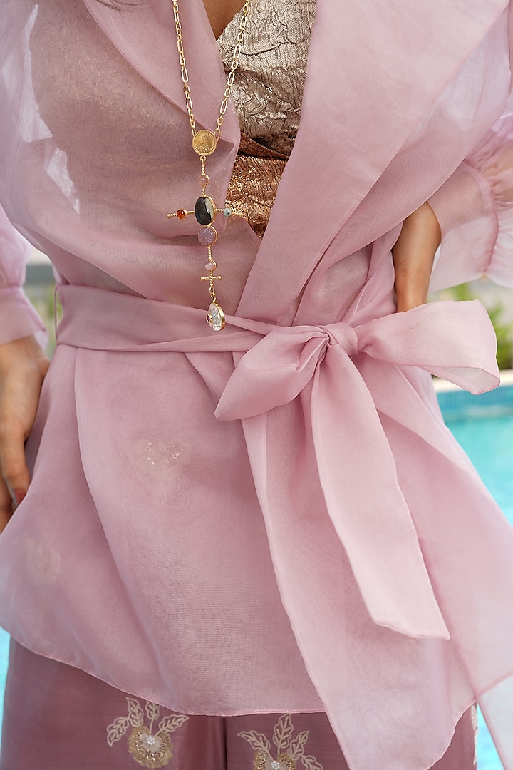 Rose Pink Silk Linen Gara Embroidered Flared Pant Set by Aditi Somani at Pernia's Pop Up Shop