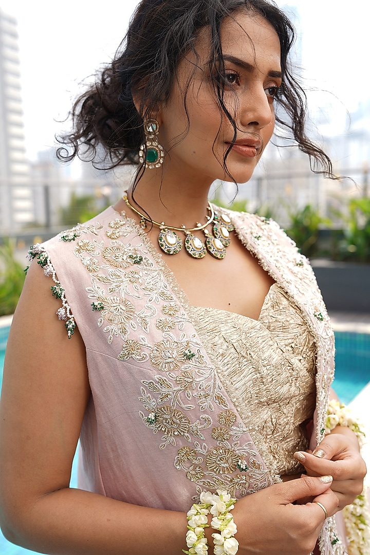 Pink Chanderi Tissue Embroidered Jacket Set by Aditi Somani at Pernia's Pop Up Shop