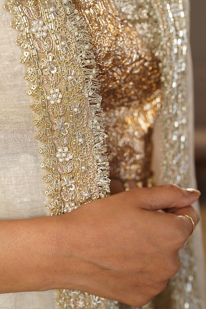 White & Gold Chanderi Tissue Embroidered Jacket Set by Aditi Somani at Pernia's Pop Up Shop