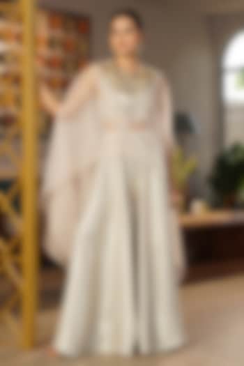 Beige Tissue Pearl Embellished Cape Set by Aditi Somani at Pernia's Pop Up Shop