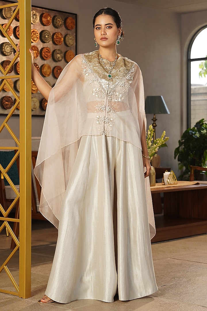 Beige Tissue Pearl Embellished Cape Set by Aditi Somani at Pernia's Pop Up Shop