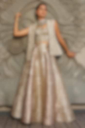 Light Green & Gold Tissue Embellished Jacket Set by Aditi Somani at Pernia's Pop Up Shop