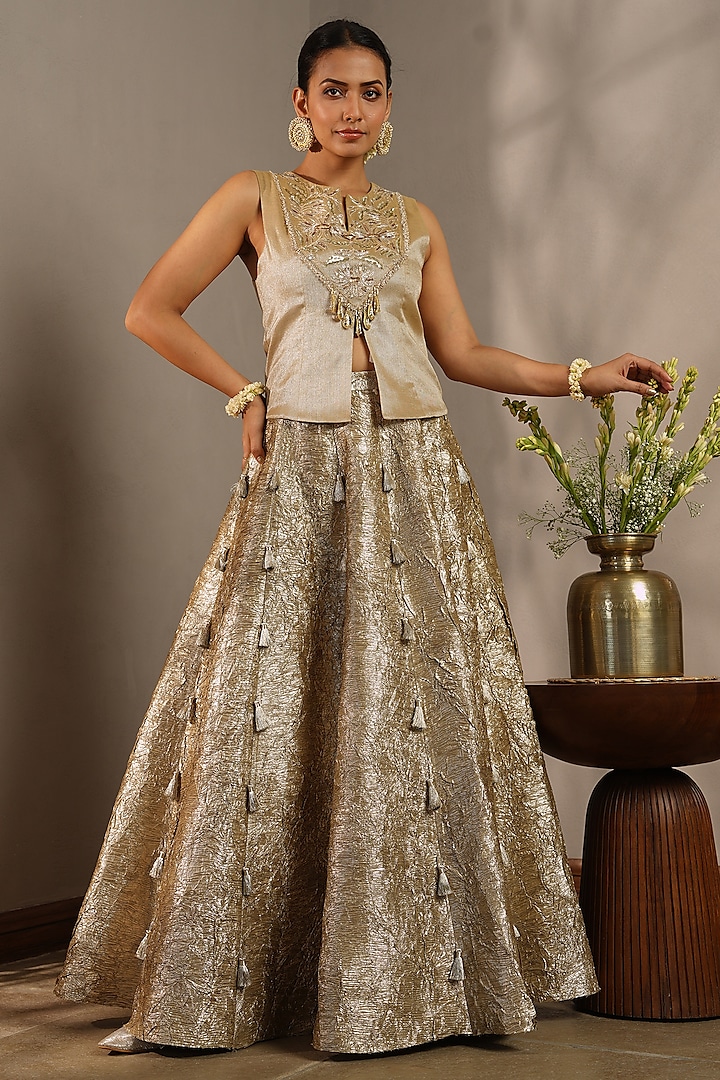 Gold & Silver Crush Gota Skirt Set by Aditi Somani at Pernia's Pop Up Shop