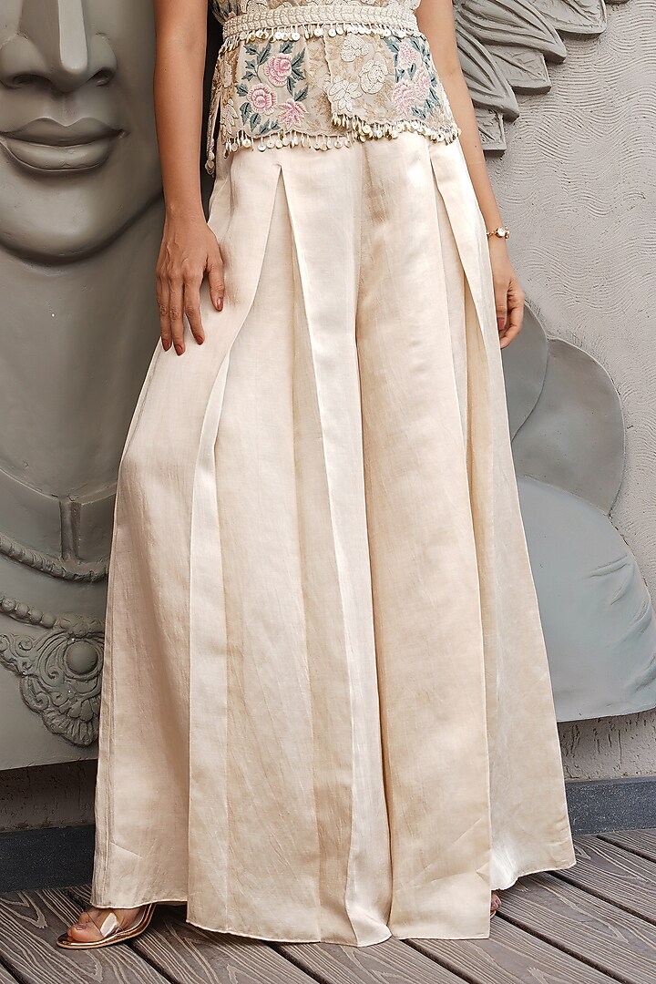 Rose Pink Tissue & Satin Linen Embroidered Jacket Set by Aditi Somani at Pernia's Pop Up Shop