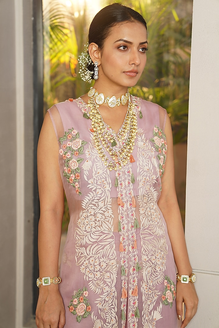 Rose Pink Organza Lucknowi Embroidered Cape Set by Aditi Somani at Pernia's Pop Up Shop