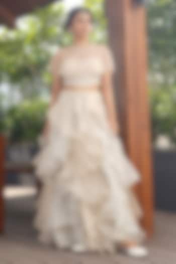 Soft Cream & Blue Organza Ruffled Skirt Set by Aditi Somani at Pernia's Pop Up Shop