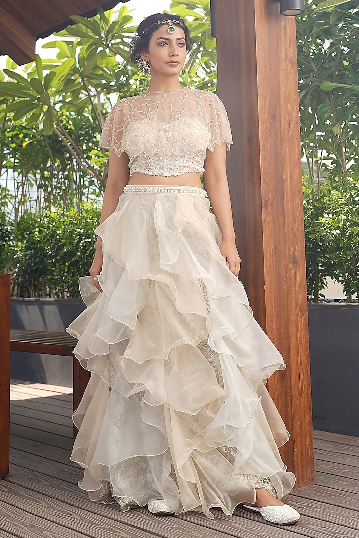 Soft Cream & Blue Organza Ruffled Skirt Set by Aditi Somani at Pernia's Pop Up Shop