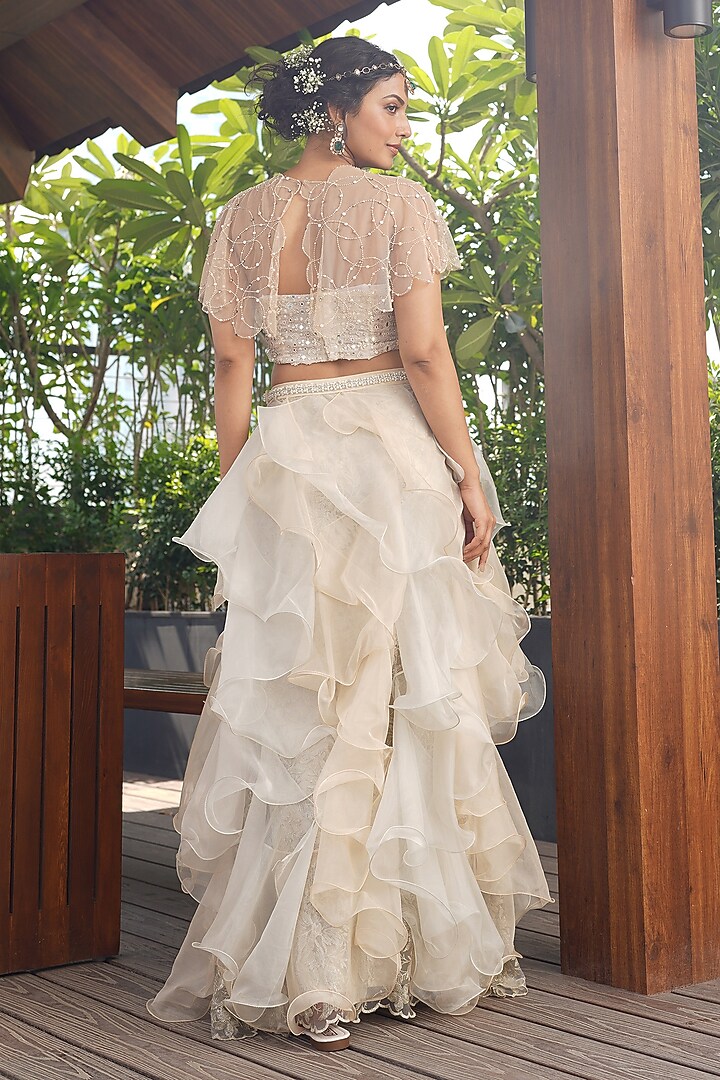Soft Cream & Blue Organza Ruffled Skirt Set by Aditi Somani at Pernia's Pop Up Shop
